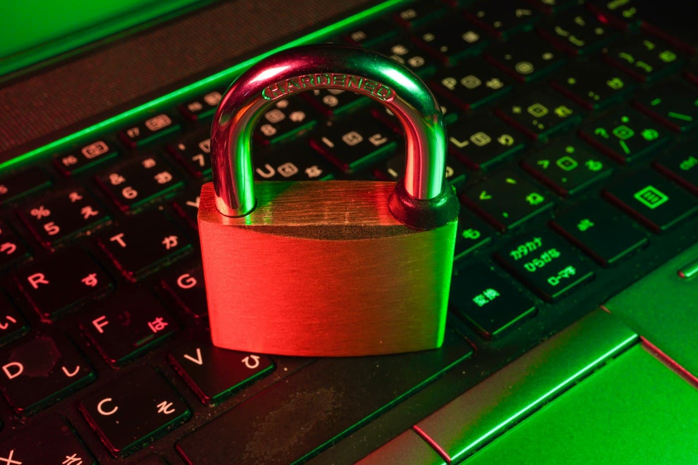 A padlock on a laptop keyboard